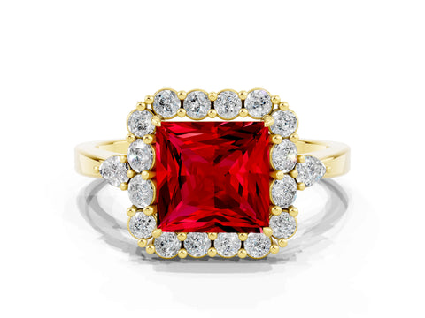 Yellow gold Princess Cut Ruby Halo Ring with Pear Side Stones and Prong Setting_12
