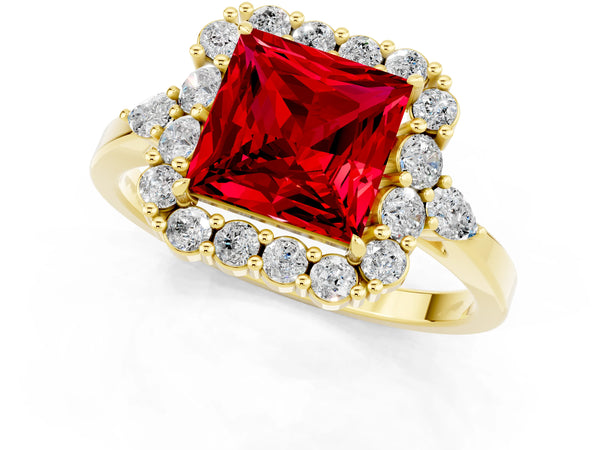 Yellow gold Princess Cut Ruby Halo Ring with Pear Side Stones and Prong Setting