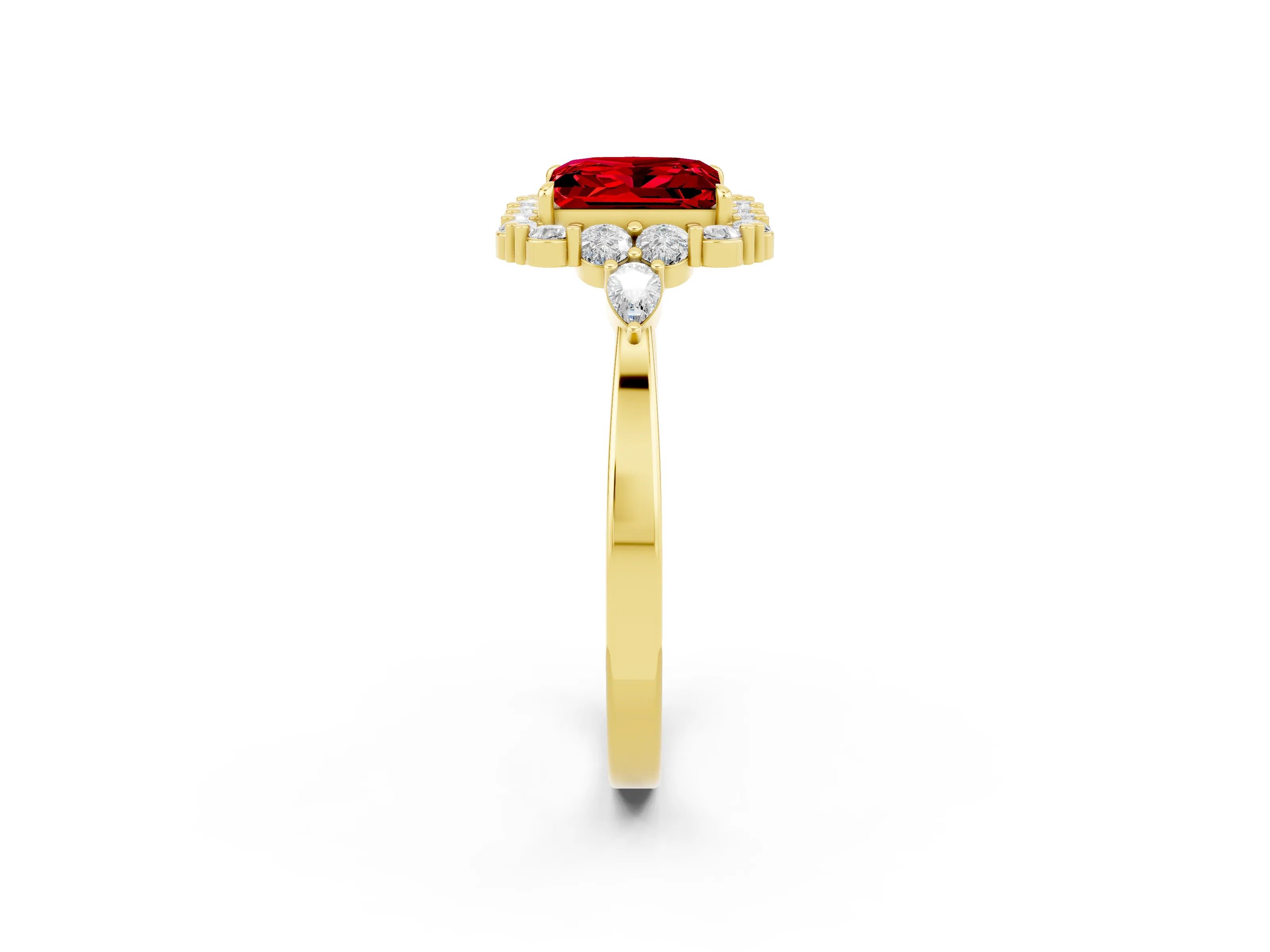 Yellow gold Princess Cut Ruby Halo Ring with Pear Side Stones and Prong Setting_14