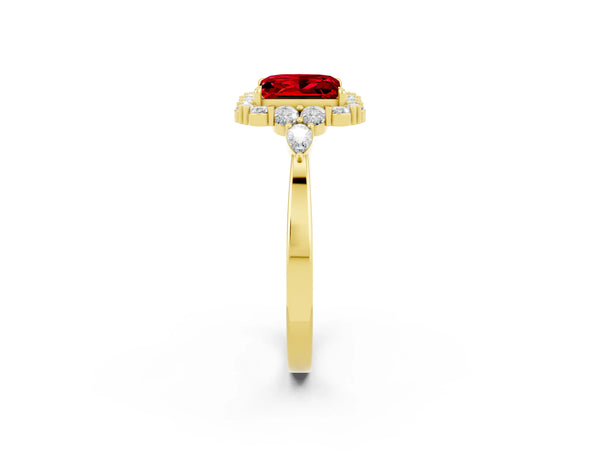 Yellow gold Princess Cut Ruby Halo Ring with Pear Side Stones and Prong Setting