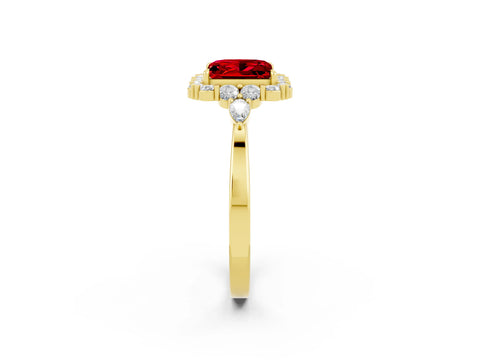 Yellow gold Princess Cut Ruby Halo Ring with Pear Side Stones and Prong Setting_14