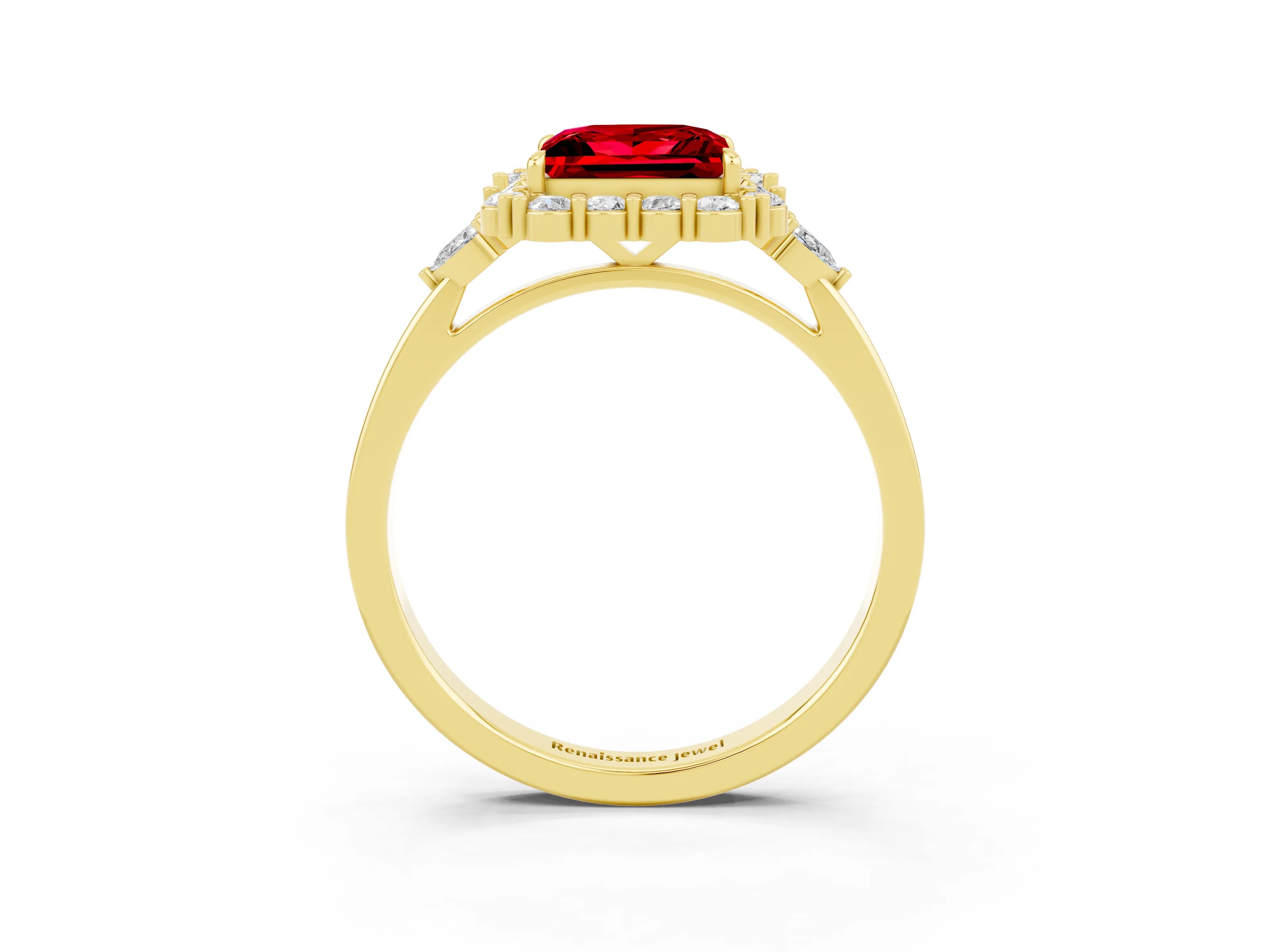 Yellow gold Princess Cut Ruby Halo Ring with Pear Side Stones and Prong Setting_15