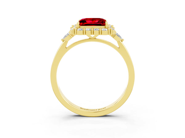 Yellow gold Princess Cut Ruby Halo Ring with Pear Side Stones and Prong Setting