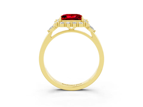 Yellow gold Princess Cut Ruby Halo Ring with Pear Side Stones and Prong Setting_15