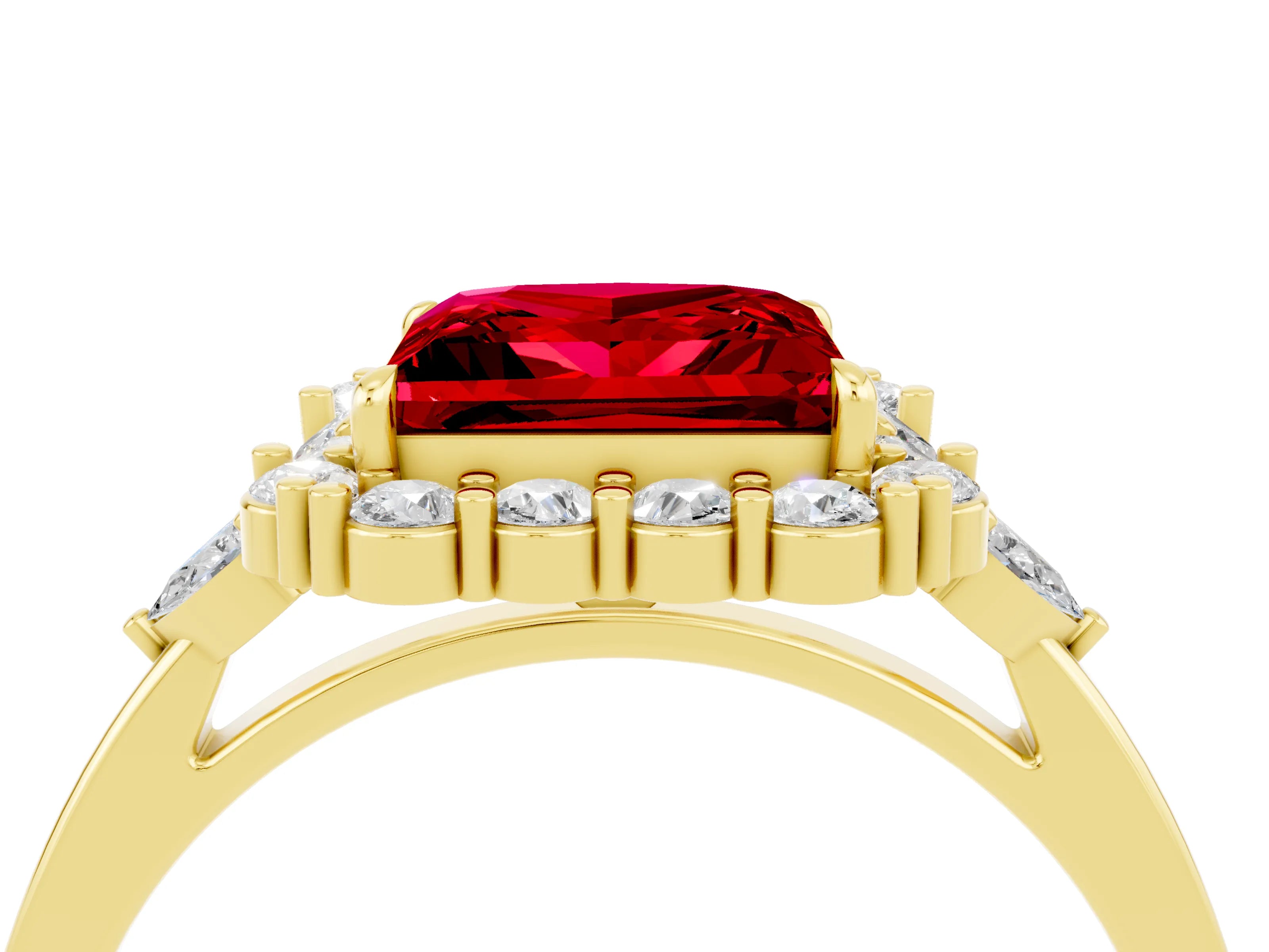 Yellow gold Princess Cut Ruby Halo Ring with Pear Side Stones and Prong Setting_16