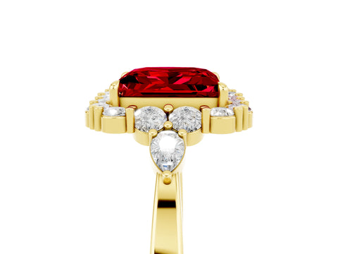 Yellow gold Princess Cut Ruby Halo Ring with Pear Side Stones and Prong Setting_17