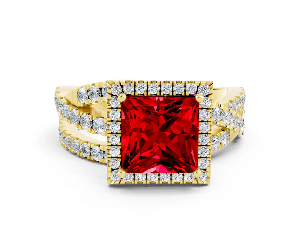 Yellow gold Princess Cut Ruby Halo Ring with Round Split Shank and Prong Setting