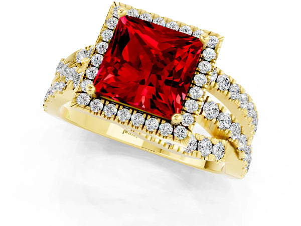 Yellow gold Princess Cut Ruby Halo Ring with Round Split Shank and Prong Setting