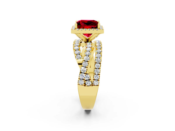 Yellow gold Princess Cut Ruby Halo Ring with Round Split Shank and Prong Setting