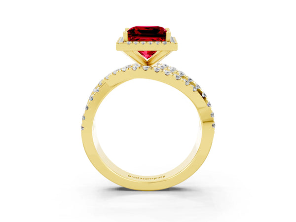 Yellow gold Princess Cut Ruby Halo Ring with Round Split Shank and Prong Setting