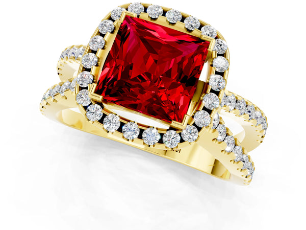 Yellow gold Princess Cut Ruby Halo Ring with Split Shank Pavé Band and Prong Setting
