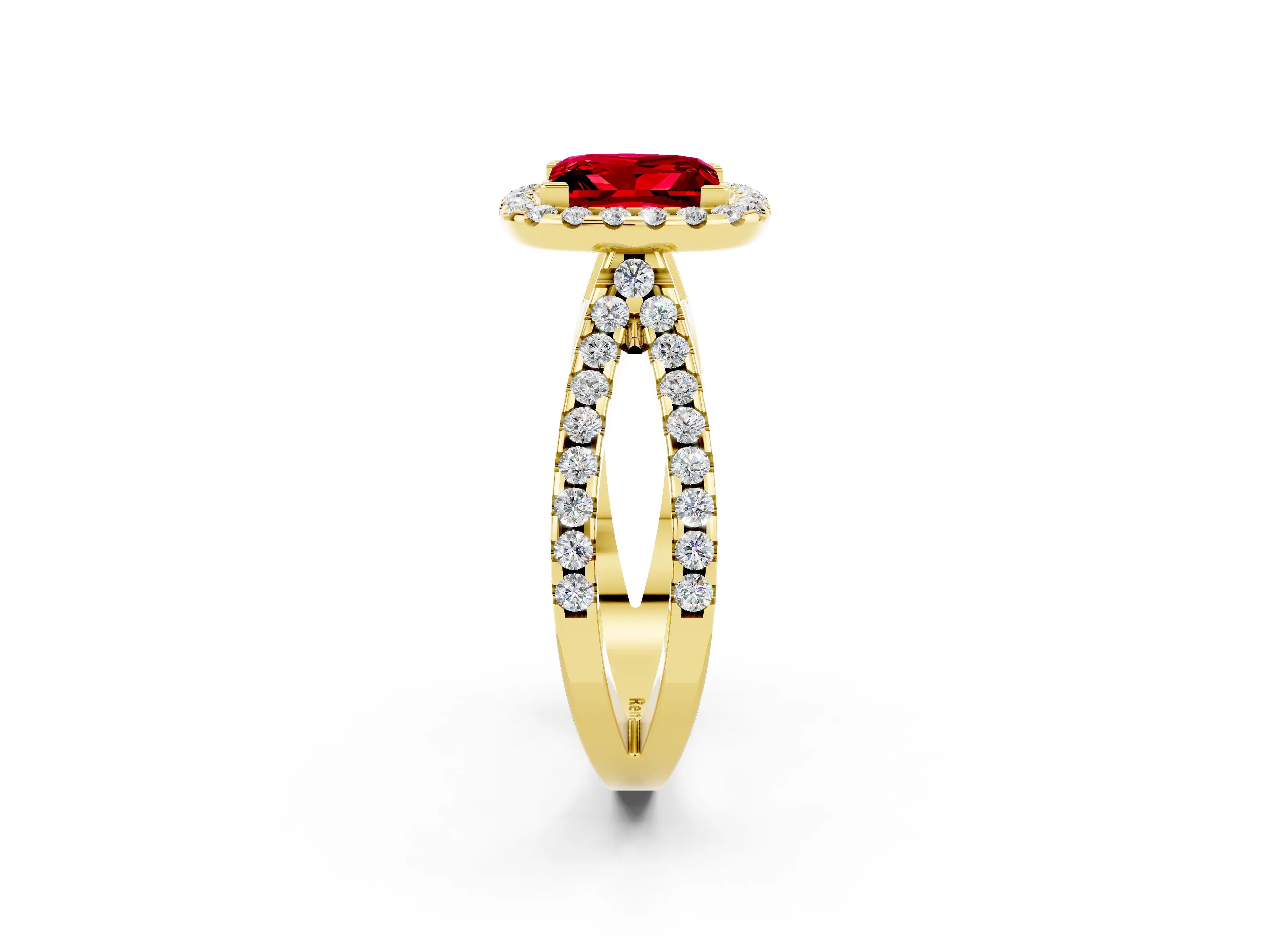 Yellow gold Princess Cut Ruby Halo Ring with Split Shank Pavé Band and Prong Setting_2