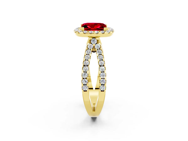 Yellow gold Princess Cut Ruby Halo Ring with Split Shank Pavé Band and Prong Setting