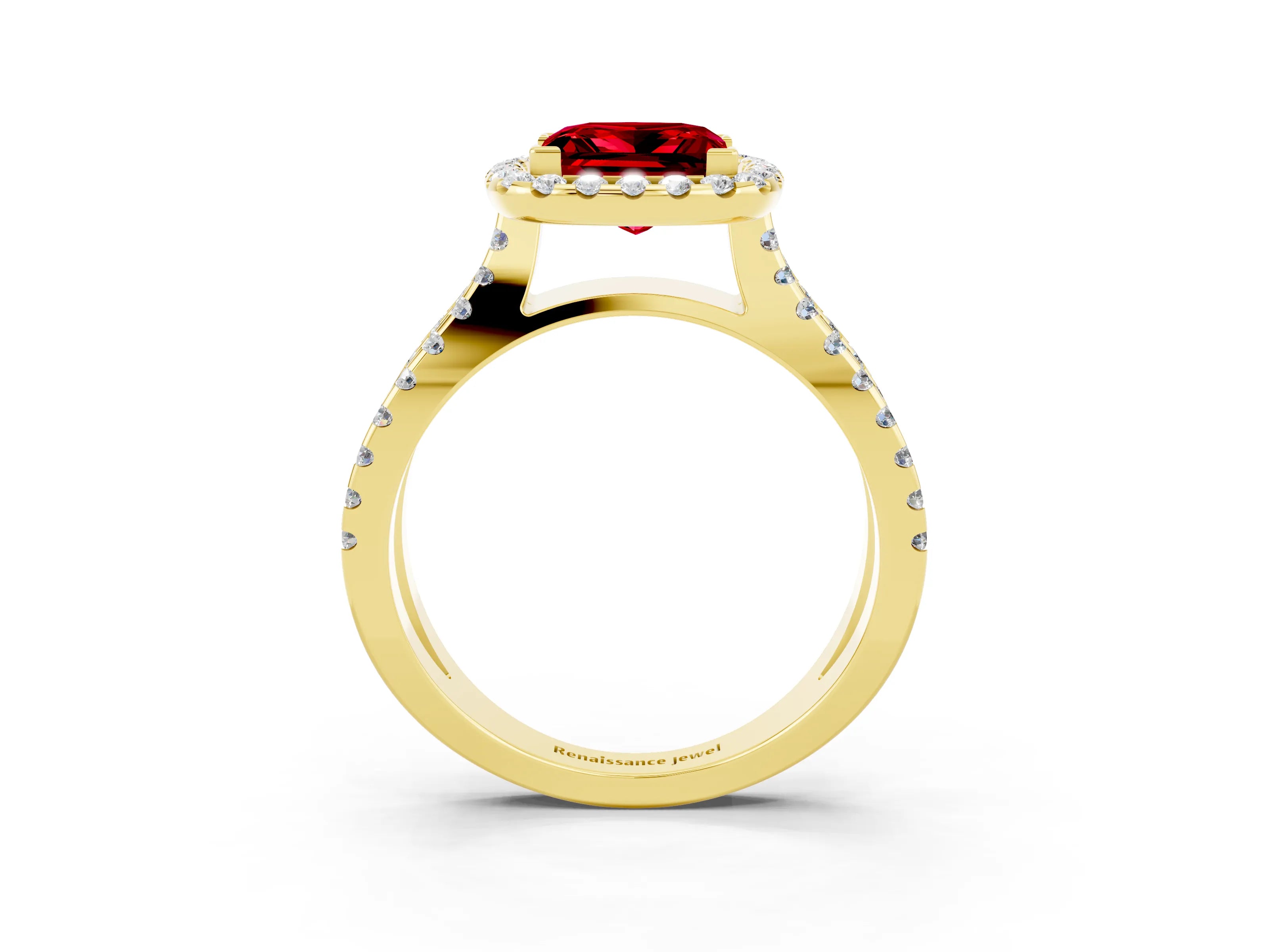 Yellow gold Princess Cut Ruby Halo Ring with Split Shank Pavé Band and Prong Setting_3