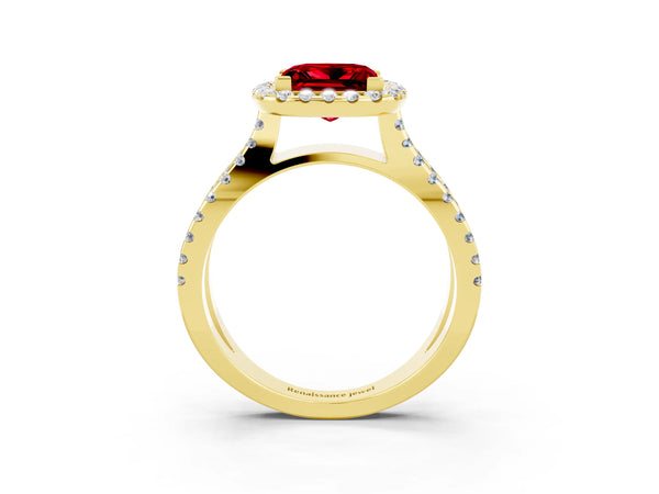 Yellow gold Princess Cut Ruby Halo Ring with Split Shank Pavé Band and Prong Setting
