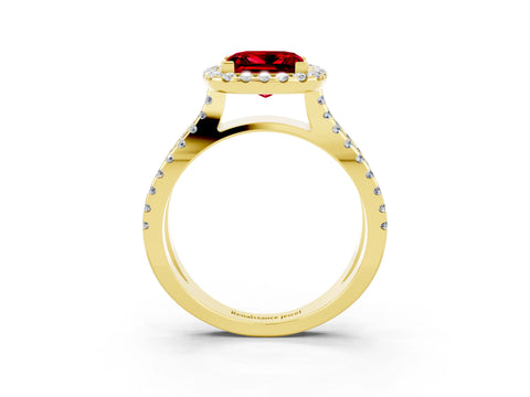 Yellow gold Princess Cut Ruby Halo Ring with Split Shank Pavé Band and Prong Setting_3