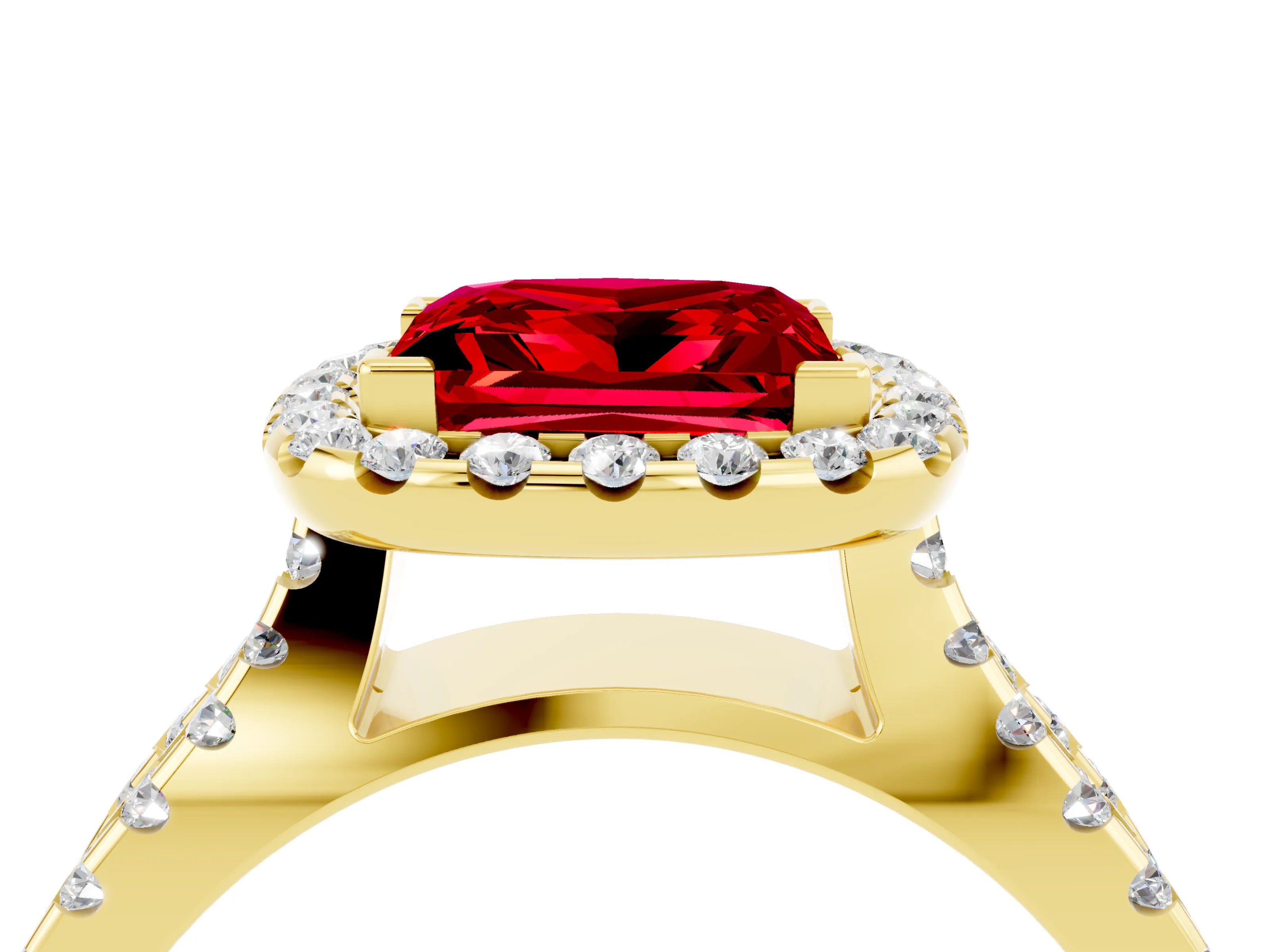 Yellow gold Princess Cut Ruby Halo Ring with Split Shank Pavé Band and Prong Setting_4