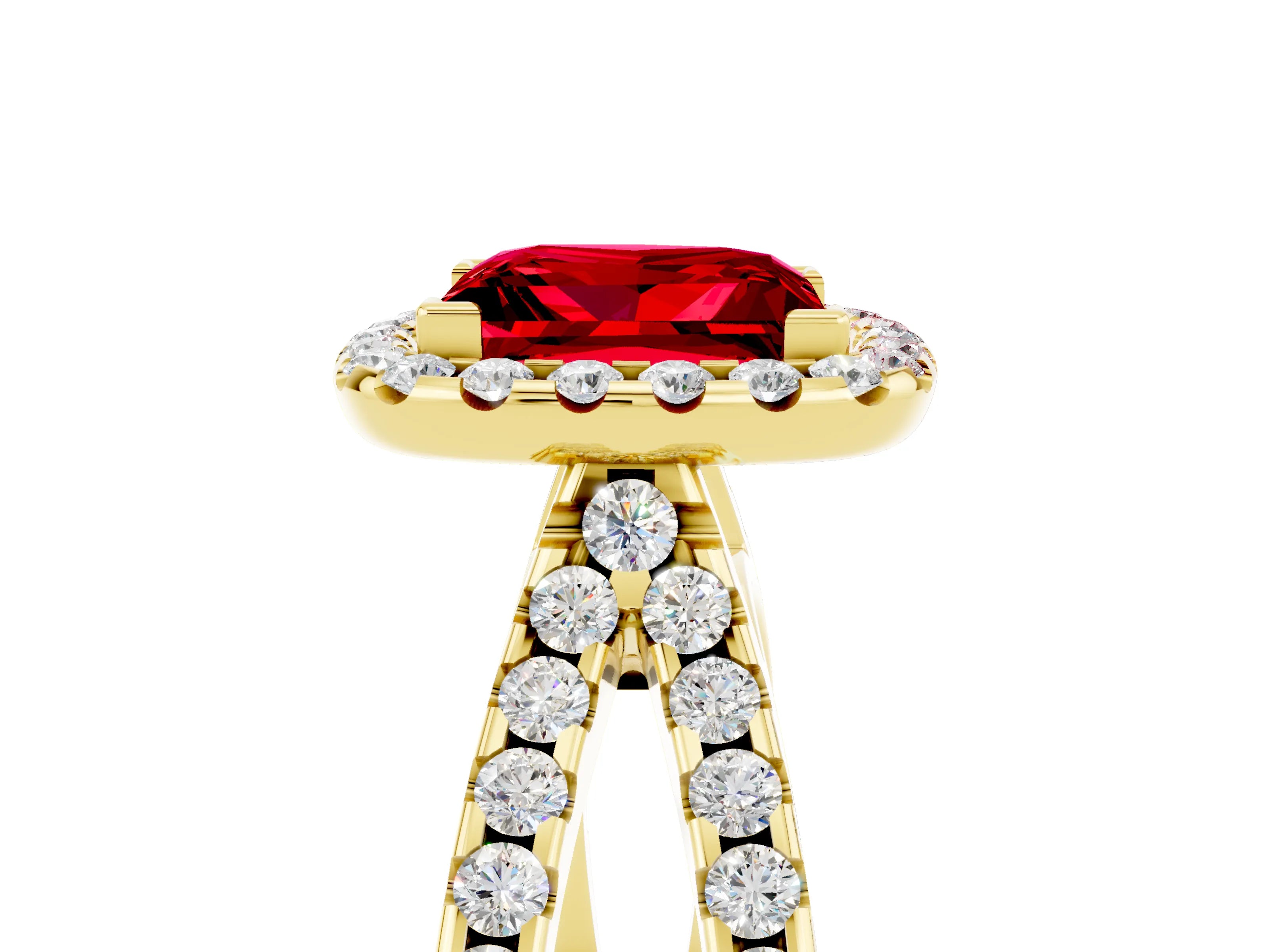 Yellow gold Princess Cut Ruby Halo Ring with Split Shank Pavé Band and Prong Setting_5