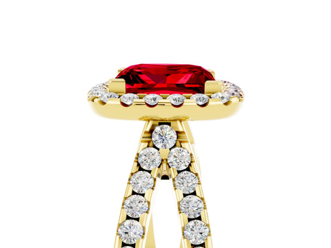 Yellow gold Princess Cut Ruby Halo Ring with Split Shank Pavé Band and Prong Setting_5