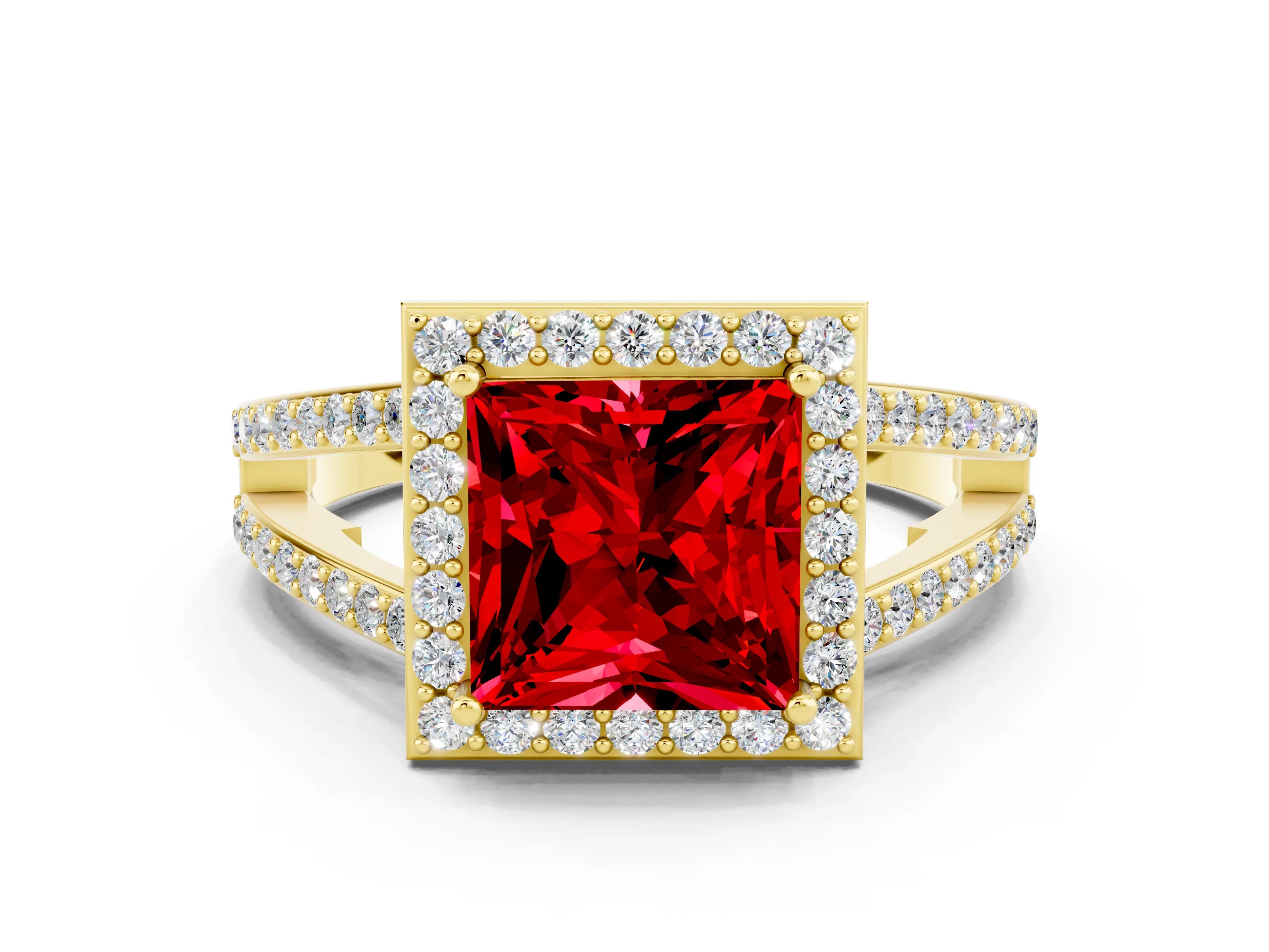 Yellow gold Princess Cut Ruby Halo Ring with Split Shank U-Prong Band and Four-Prong Setting