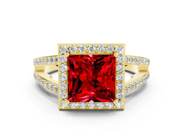 Yellow gold Princess Cut Ruby Halo Ring with Split Shank U-Prong Band and Four-Prong Setting
