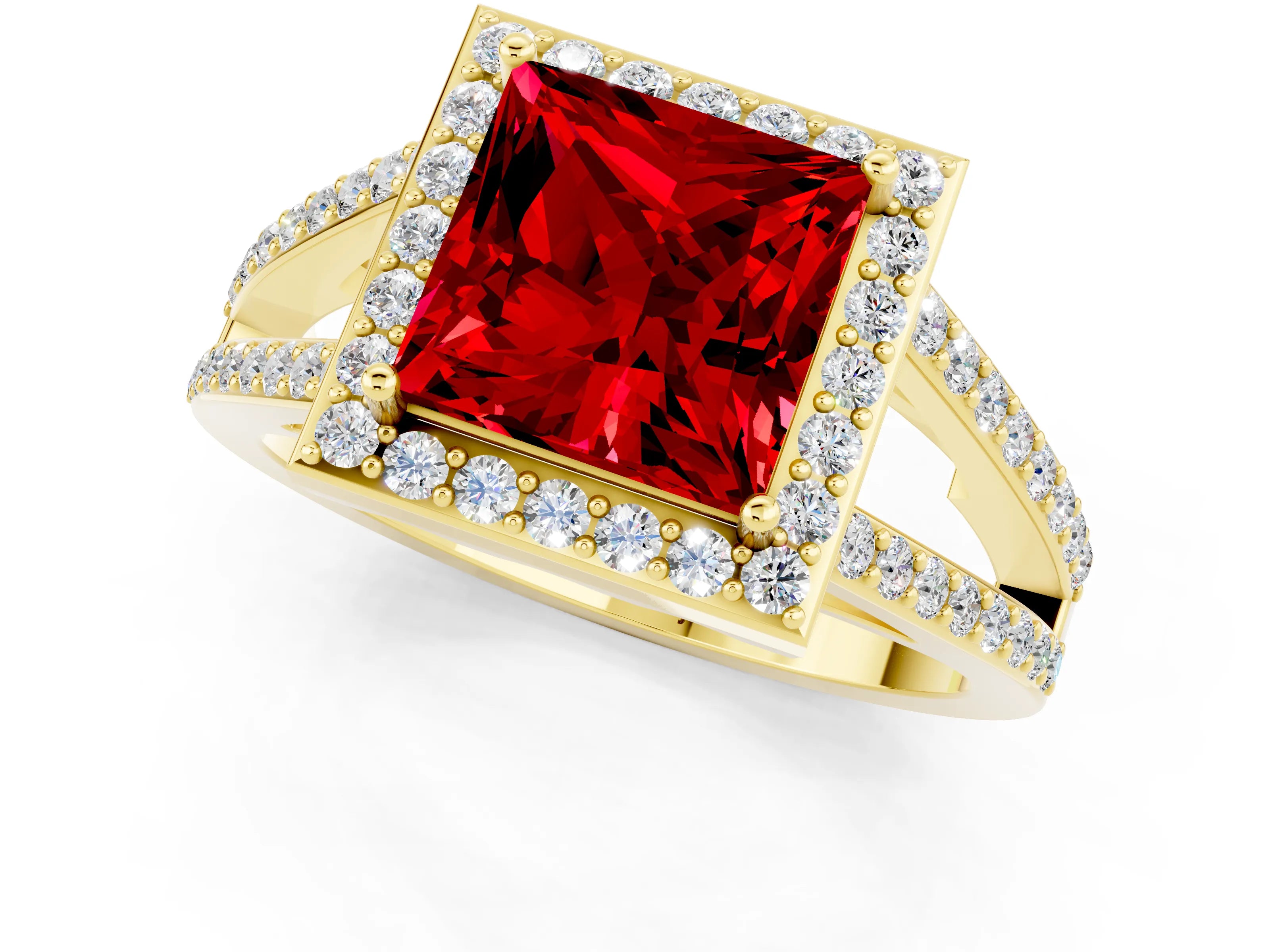 Yellow gold Princess Cut Ruby Halo Ring with Split Shank U-Prong Band and Four-Prong Setting_1