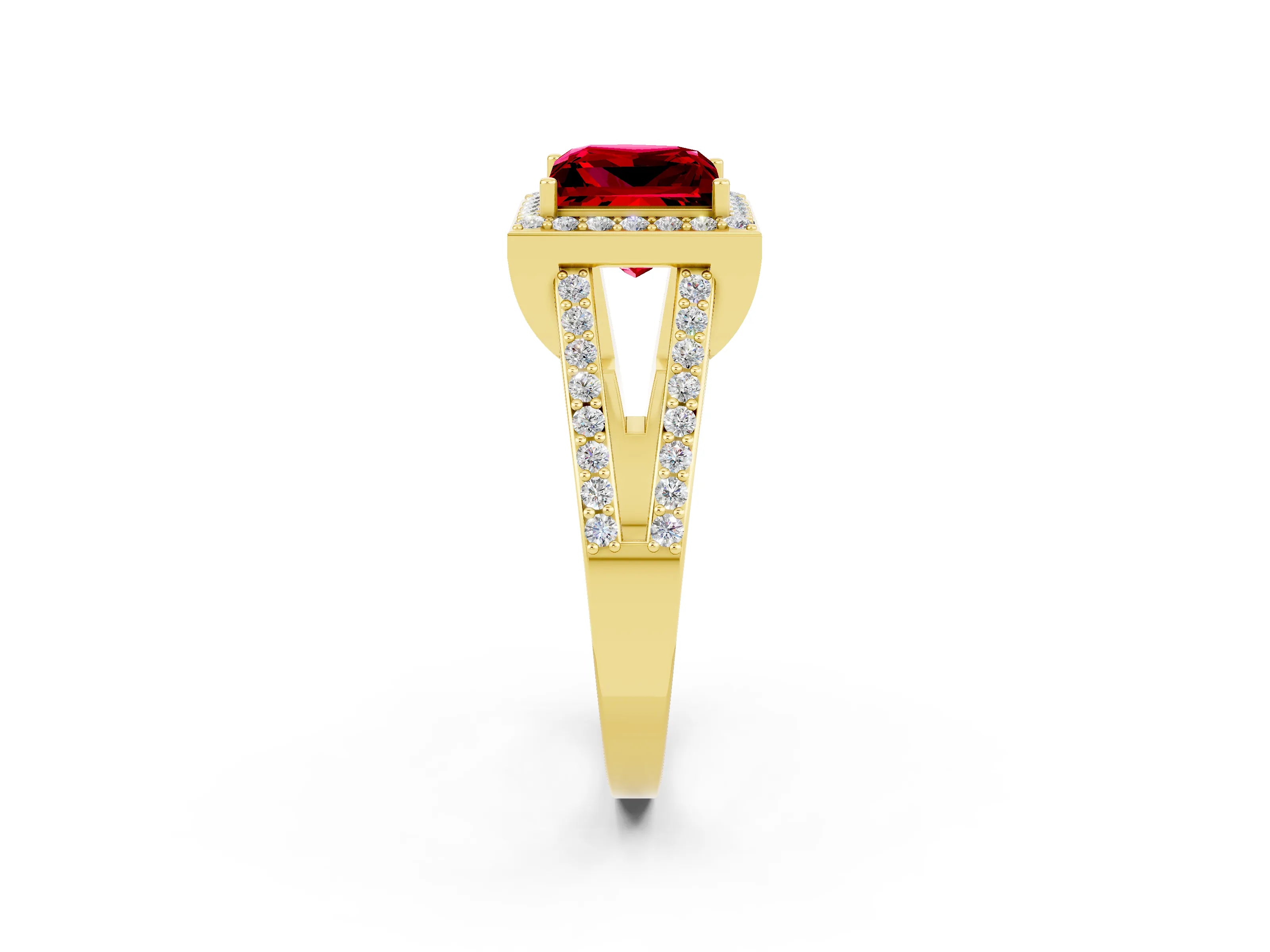 Yellow gold Princess Cut Ruby Halo Ring with Split Shank U-Prong Band and Four-Prong Setting_2
