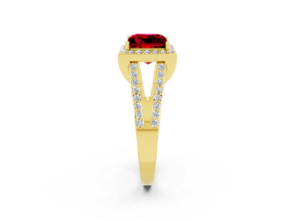 Yellow gold Princess Cut Ruby Halo Ring with Split Shank U-Prong Band and Four-Prong Setting