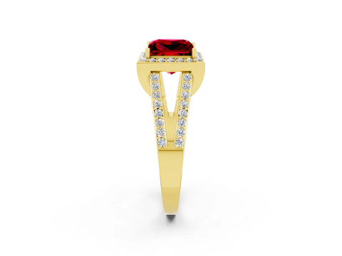 Yellow gold Princess Cut Ruby Halo Ring with Split Shank U-Prong Band and Four-Prong Setting_2