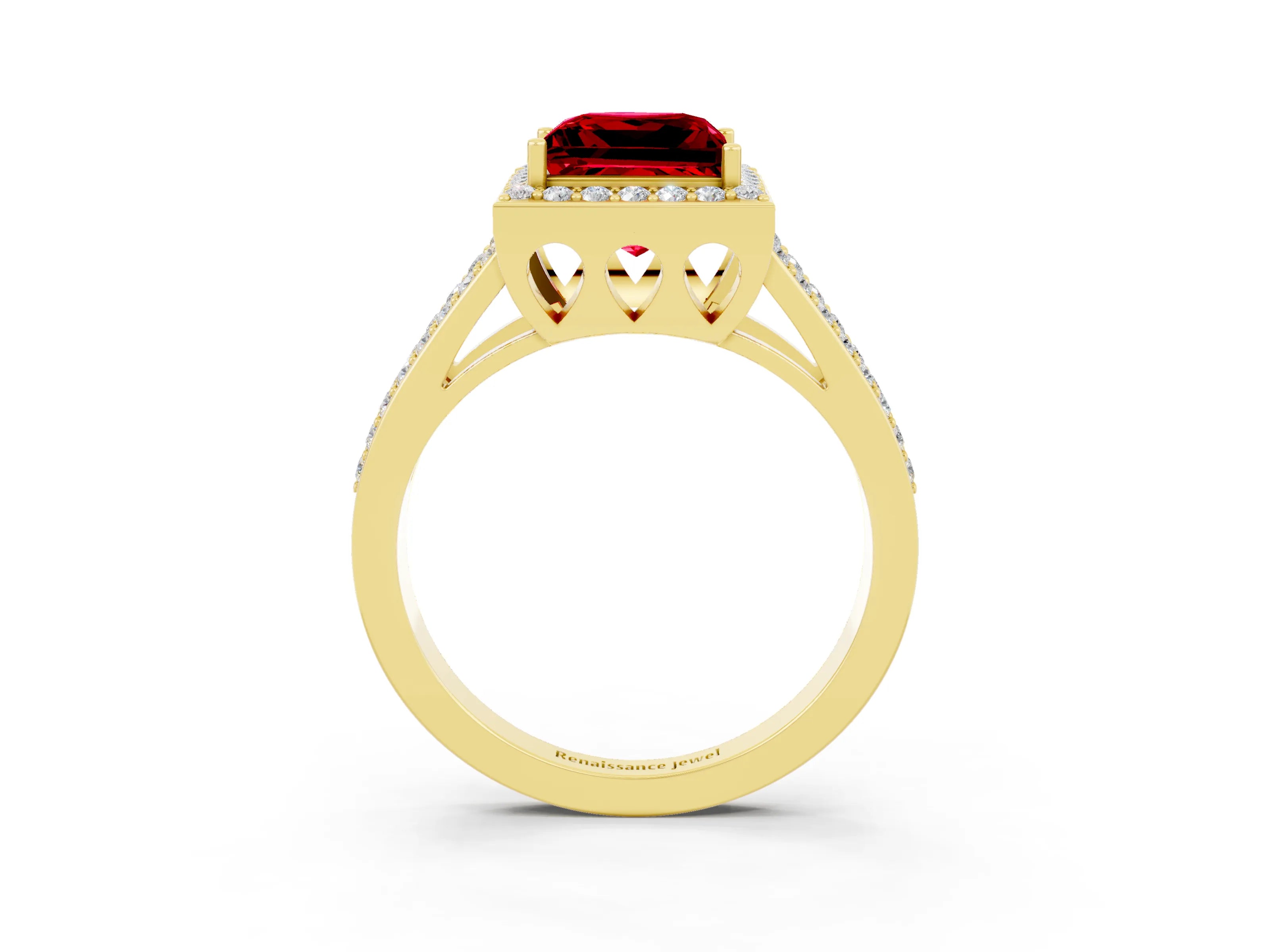 Yellow gold Princess Cut Ruby Halo Ring with Split Shank U-Prong Band and Four-Prong Setting_3