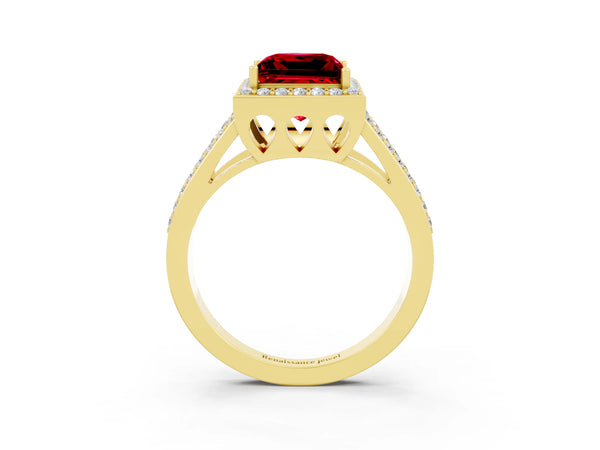 Yellow gold Princess Cut Ruby Halo Ring with Split Shank U-Prong Band and Four-Prong Setting