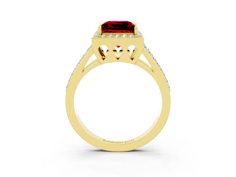 Yellow gold Princess Cut Ruby Halo Ring with Split Shank U-Prong Band and Four-Prong Setting_3