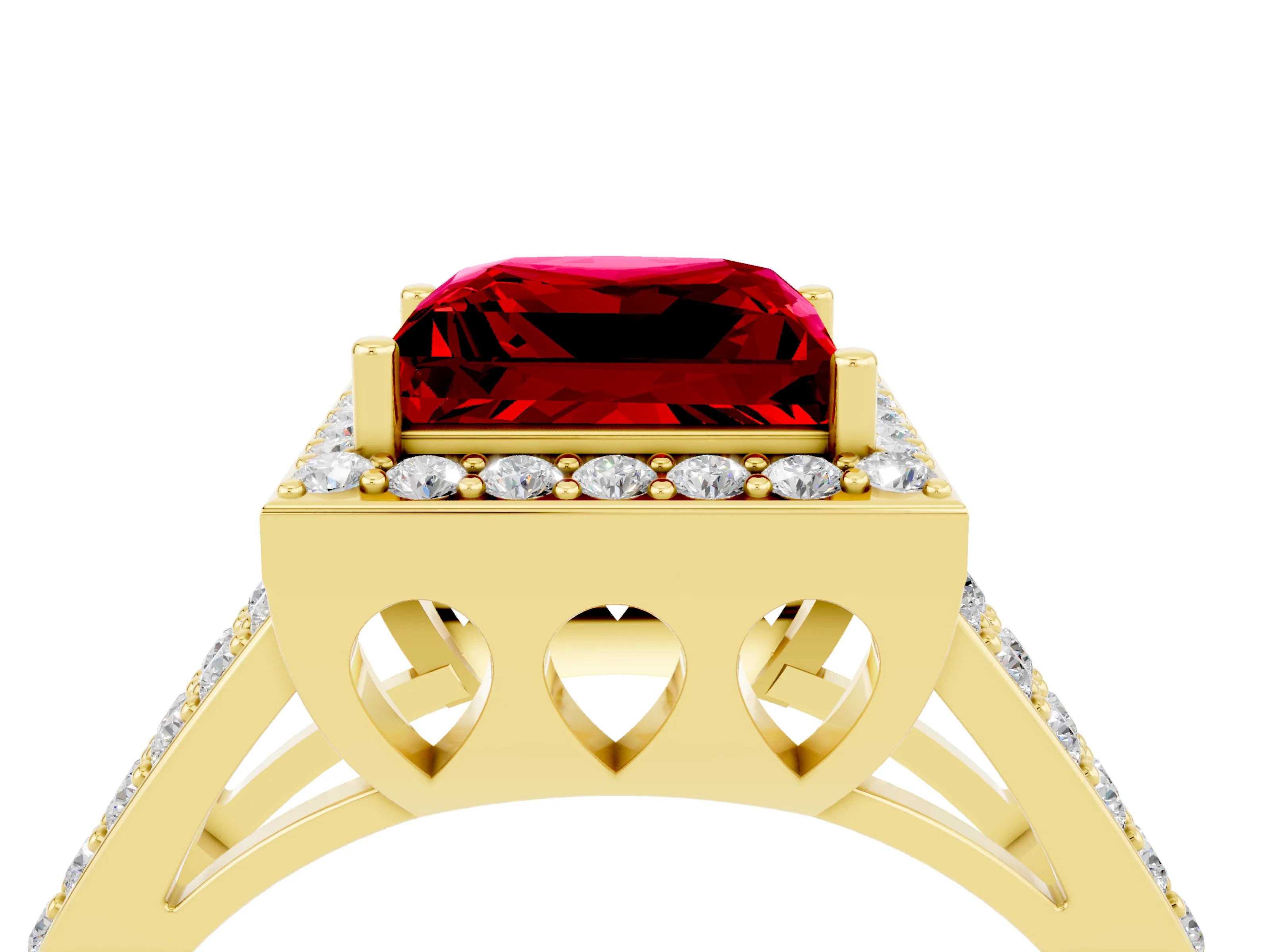 Yellow gold Princess Cut Ruby Halo Ring with Split Shank U-Prong Band and Four-Prong Setting_4