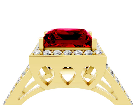 Yellow gold Princess Cut Ruby Halo Ring with Split Shank U-Prong Band and Four-Prong Setting_4