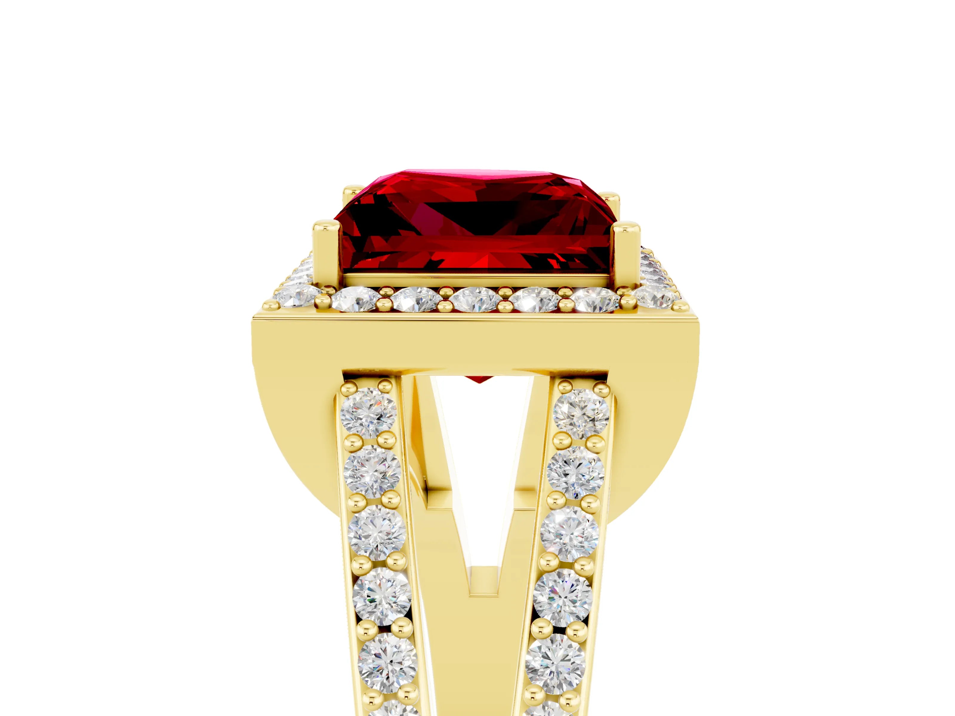 Yellow gold Princess Cut Ruby Halo Ring with Split Shank U-Prong Band and Four-Prong Setting_5
