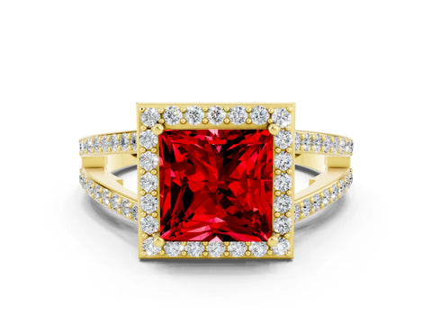 Yellow gold Princess Cut Ruby Halo Ring with Split Shank U-Prong Band and Four-Prong Setting