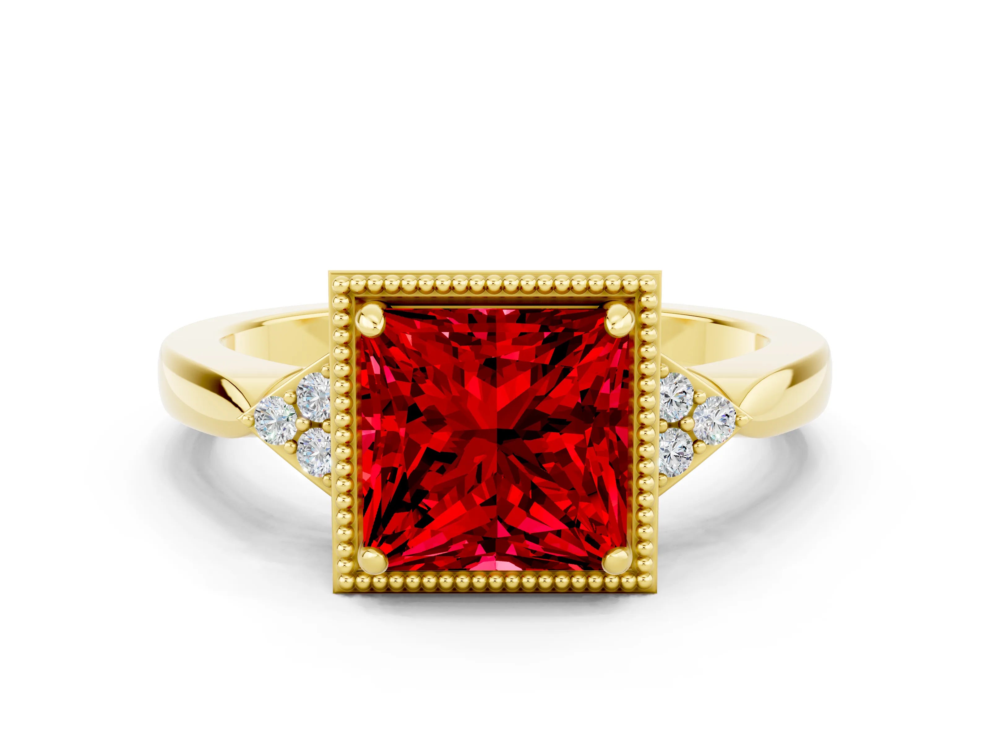 Yellow gold Princess Cut Ruby Halo Ring with Tapered Band and Four-Prong Setting