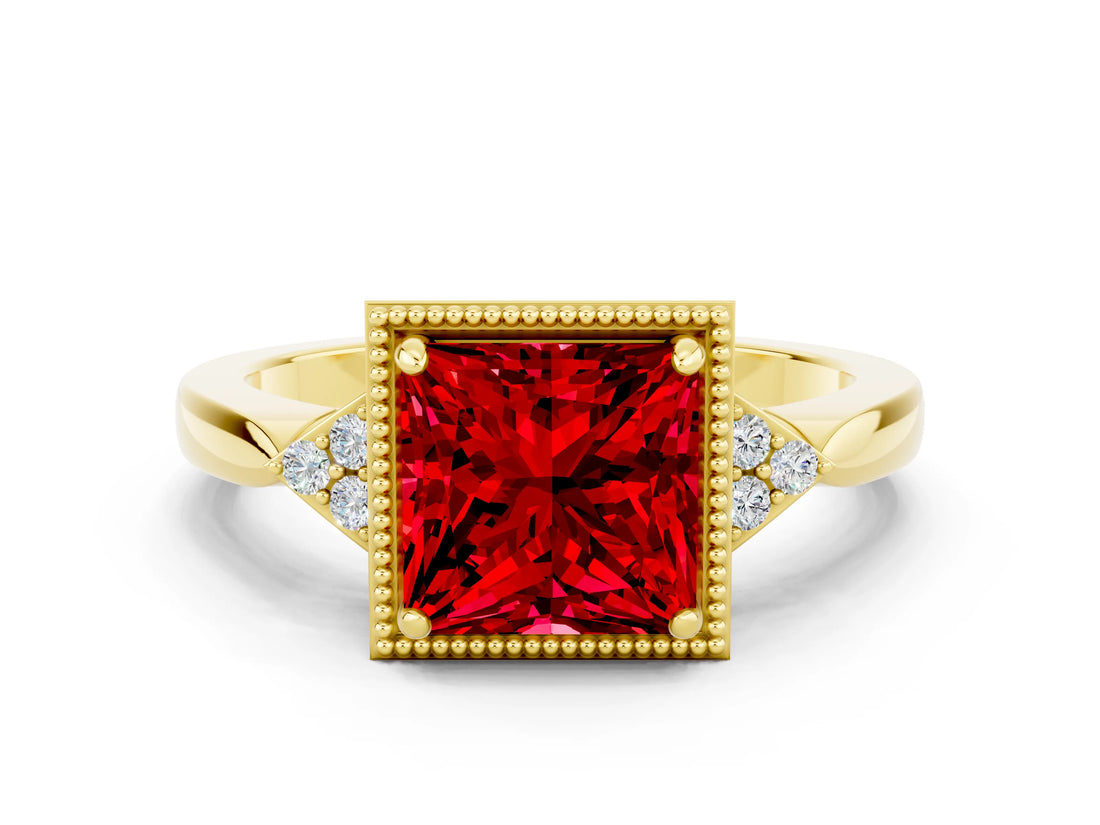 Yellow gold Princess Cut Ruby Halo Ring with Tapered Band and Four-Prong Setting