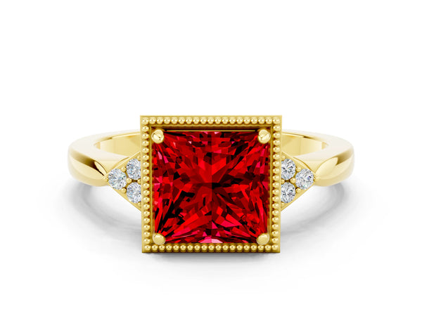 Yellow gold Princess Cut Ruby Halo Ring with Tapered Band and Four-Prong Setting