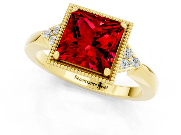 Yellow gold Princess Cut Ruby Halo Ring with Tapered Band and Four-Prong Setting