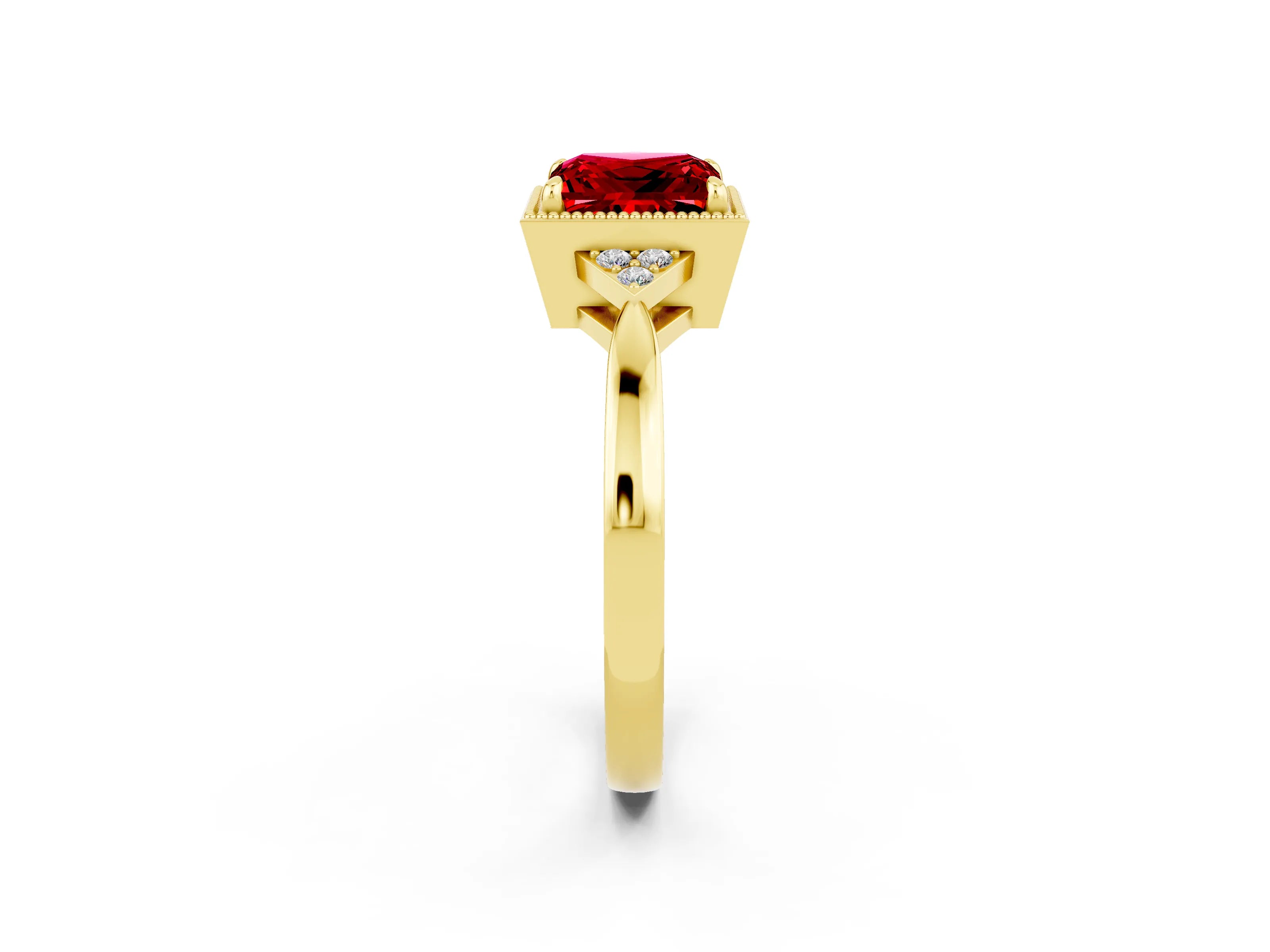 Yellow gold Princess Cut Ruby Halo Ring with Tapered Band and Four-Prong Setting_2
