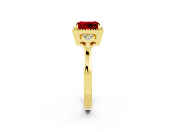 Yellow gold Princess Cut Ruby Halo Ring with Tapered Band and Four-Prong Setting