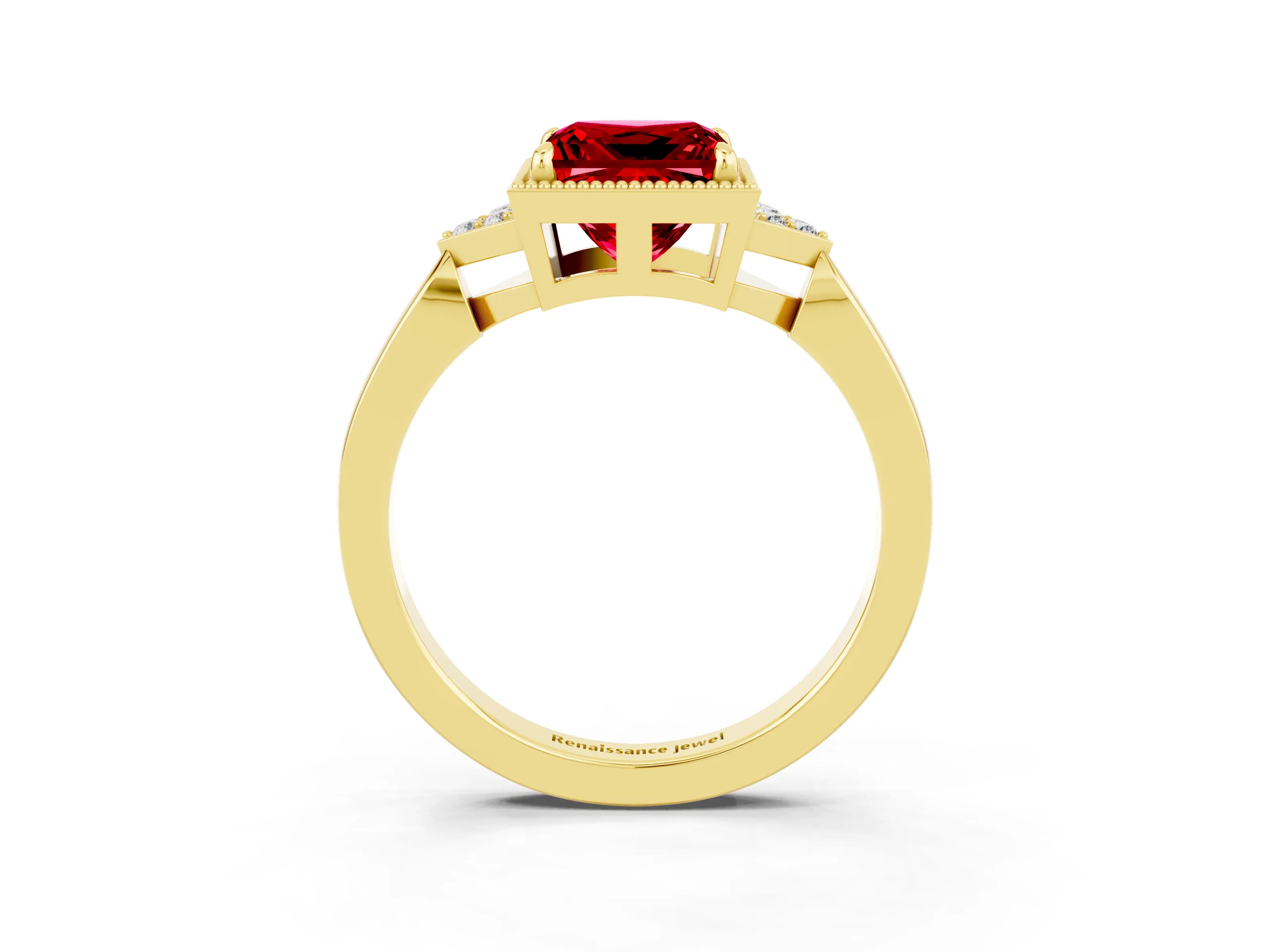 Yellow gold Princess Cut Ruby Halo Ring with Tapered Band and Four-Prong Setting_3