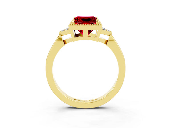 Yellow gold Princess Cut Ruby Halo Ring with Tapered Band and Four-Prong Setting