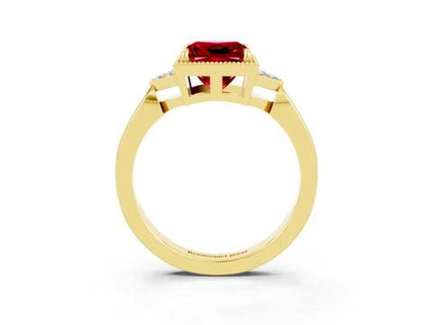 Yellow gold Princess Cut Ruby Halo Ring with Tapered Band and Four-Prong Setting_3