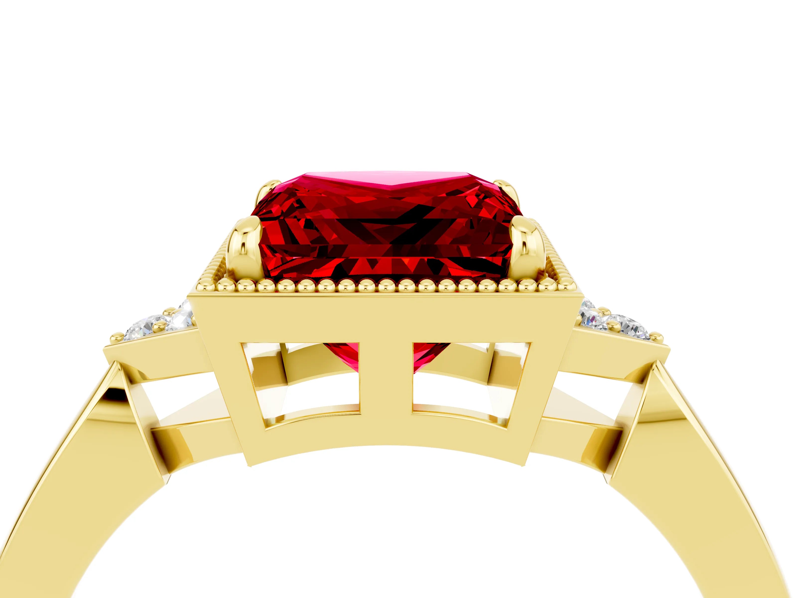 Yellow gold Princess Cut Ruby Halo Ring with Tapered Band and Four-Prong Setting_4