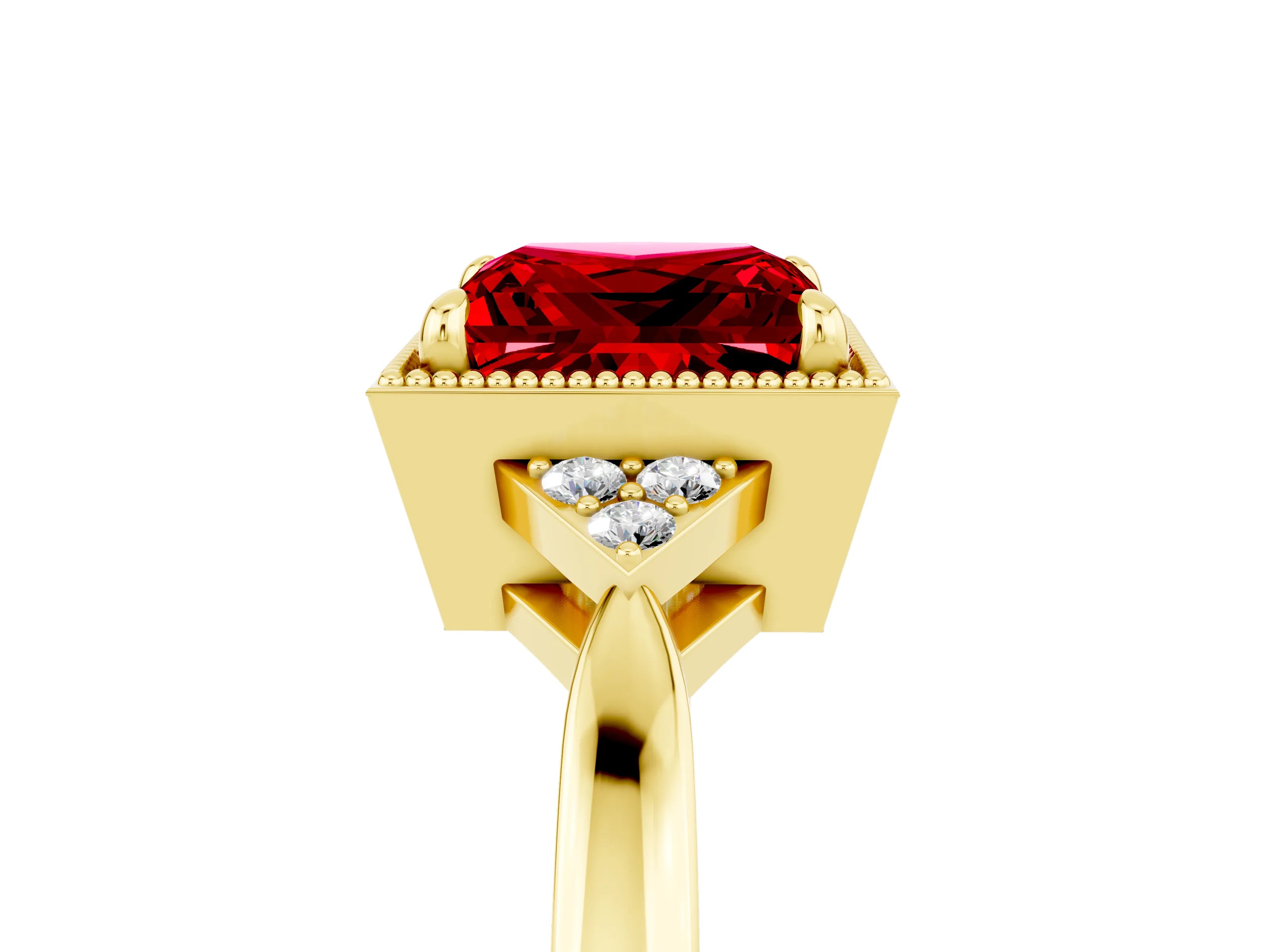 Yellow gold Princess Cut Ruby Halo Ring with Tapered Band and Four-Prong Setting_5