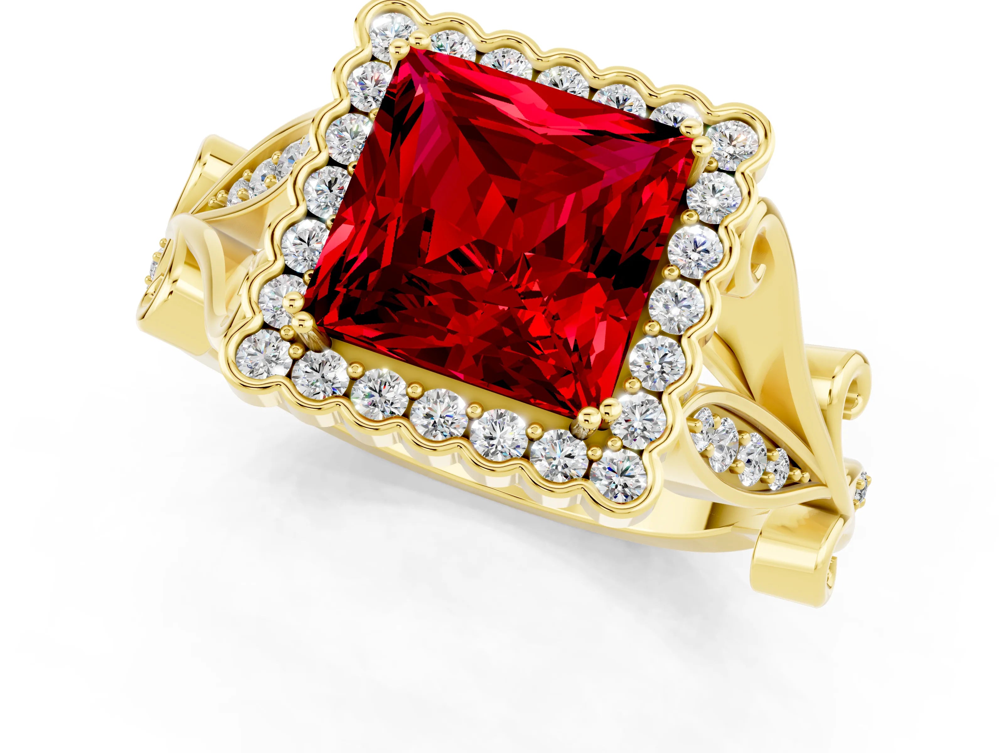 Yellow gold Princess Cut Ruby Halo Ring with Vintage Split Shank and Four-Prong Setting_1