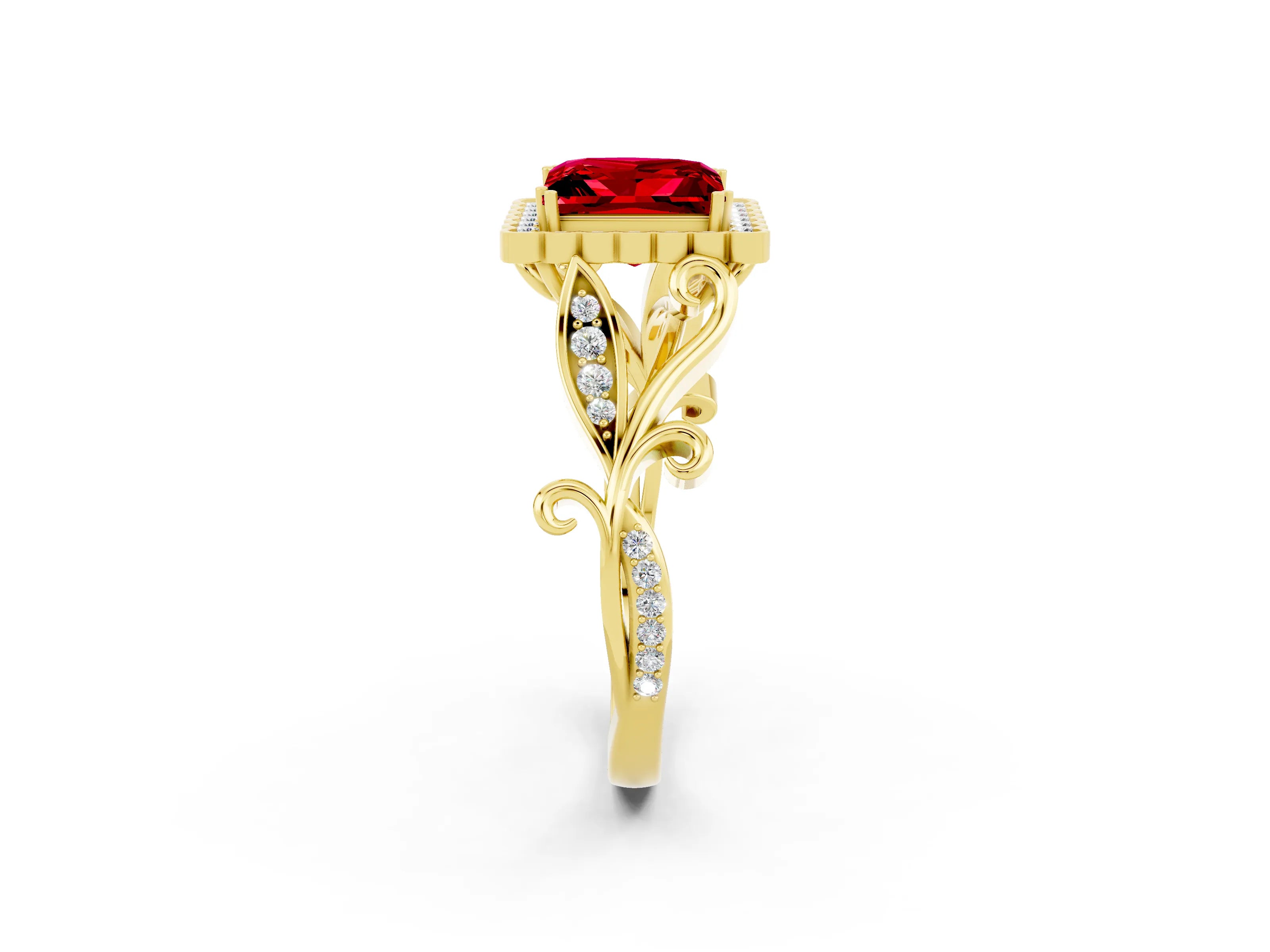 Yellow gold Princess Cut Ruby Halo Ring with Vintage Split Shank and Four-Prong Setting_2