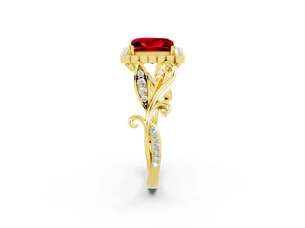 Yellow gold Princess Cut Ruby Halo Ring with Vintage Split Shank and Four-Prong Setting